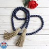 CVHOMEDECO. Wood Beads Garland with Tassels Farmhouse Rustic Wooden Prayer Bead String Wall Hanging Accent for Home Festival Decor. Navy Blue