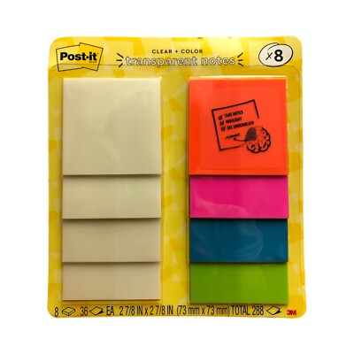 Post-it Clear + Color Transparent Notes (8-pack, 73mm x 73mm, Assorted Colors)