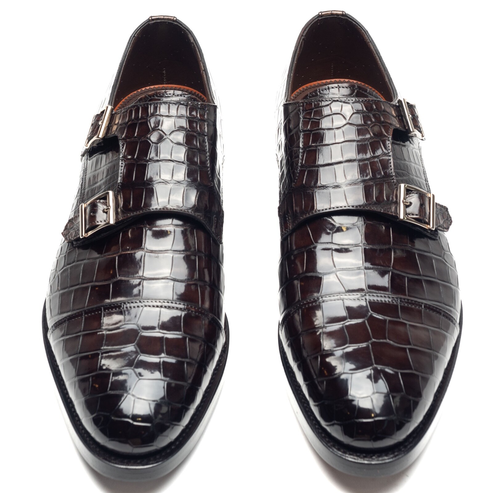 Pre-owned Santoni Double Monk Crocodile Alligator Shoes Uk: 11 Us: 12 Eu: 45 Dark Brown