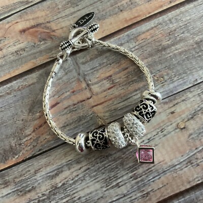 DaVinci Pink Crystal Rhinestone Charm Bracelet In Silver Tone Interchangeable