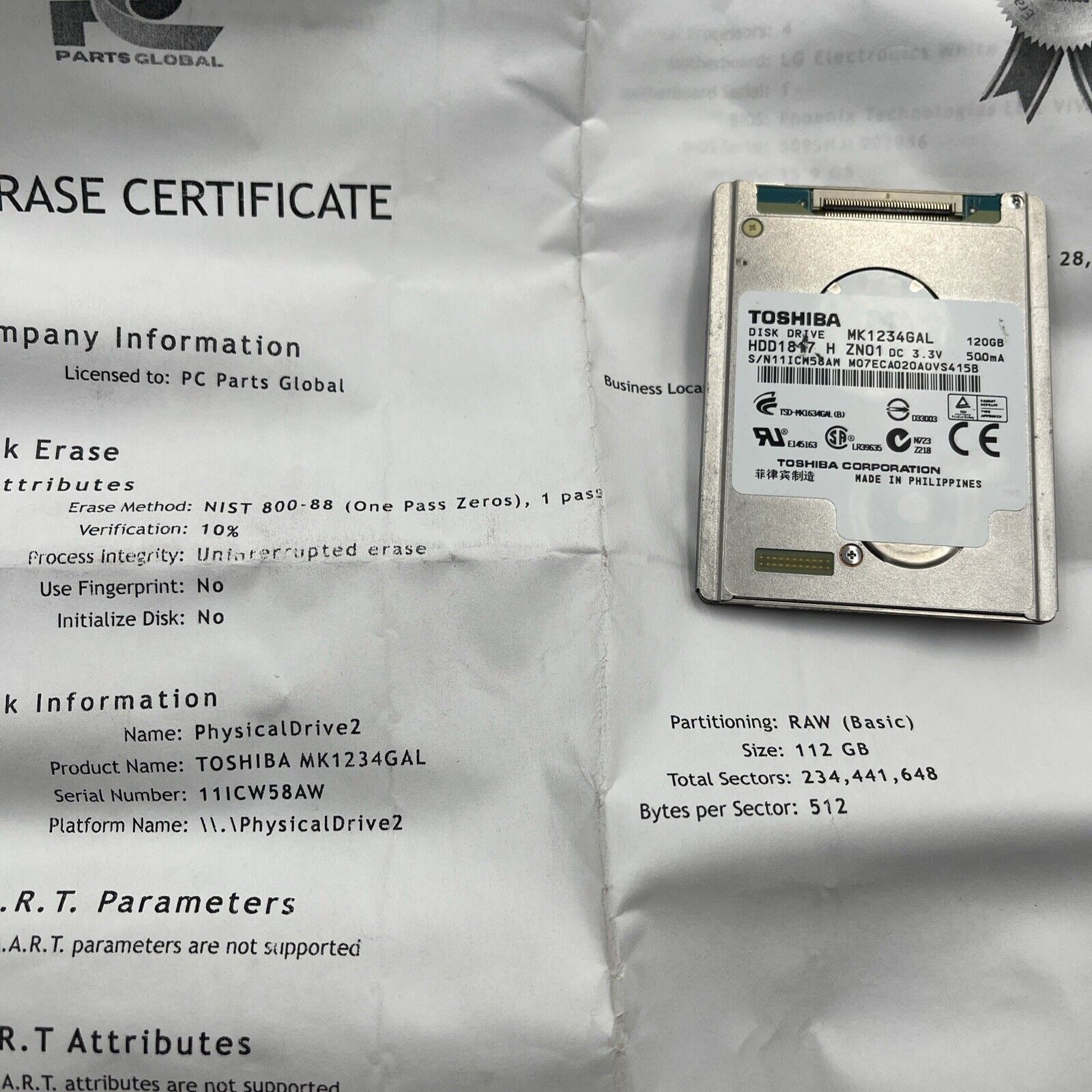 Toshiba MK1234GSX (HDD2D31 B ZK01 S) 010 A0/AH001A 120gb Sata 2.5" Hard Drive