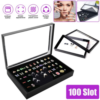 100 Slots Jewelry Rings Display Organizer Case Tray Holder Earrings Storage Box