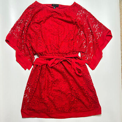 AB Studio Women s L Lace Lined Red Floral Dress. Belt Kimono Sleeve Nonimperfect