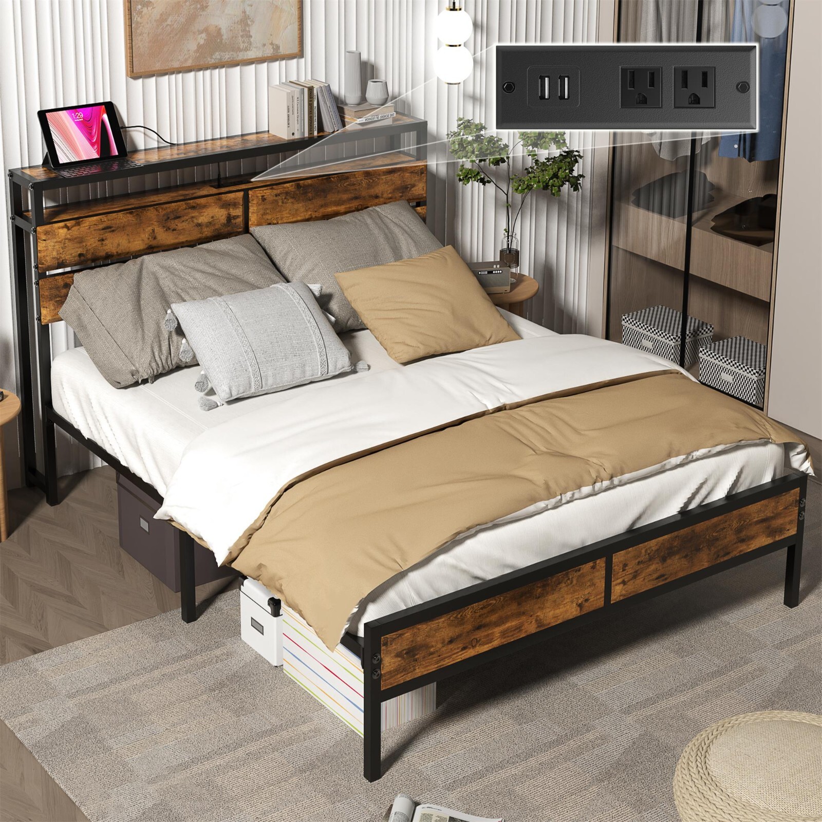 2-tier Storage Headboard Metal Platform With Charging Station