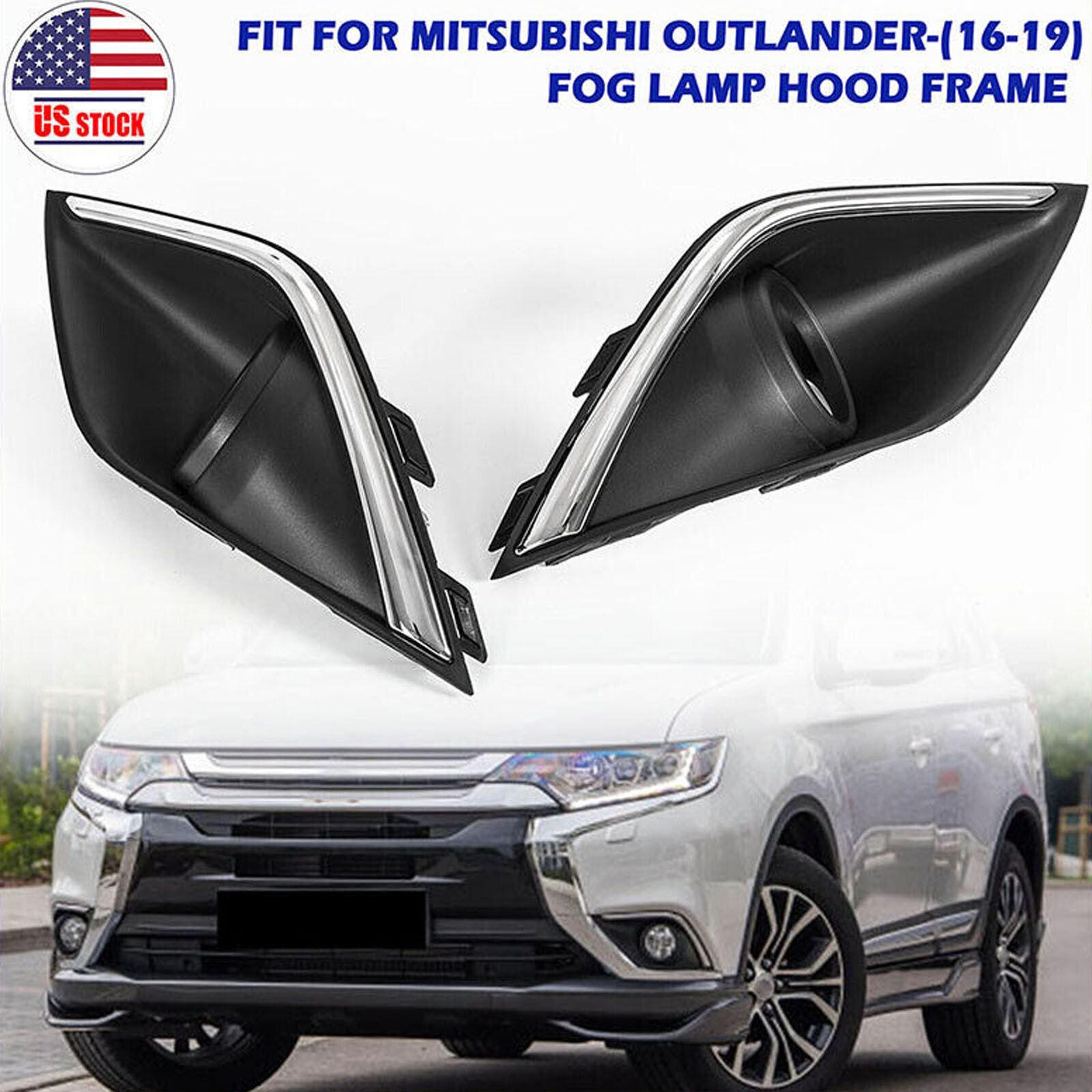 Left+Right Fog Light Lamp Cover Bezel For Mitsubishi Outlander 16-19 Chrome Trim