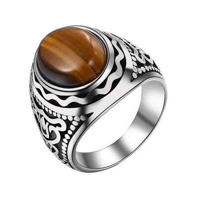 Retro Tiger Eye Stone Men Ring Oval Gemstone Stainless Steel Band Size 7-12