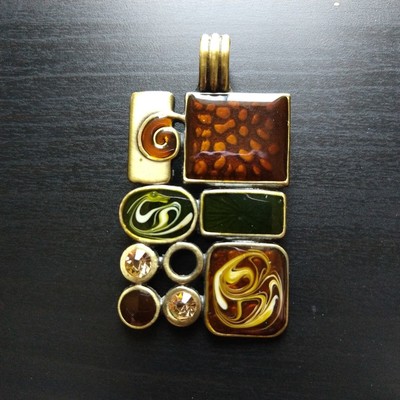 Premier Designs Rectangle Gallery Pendant natural colors brass hinged bail NWOT