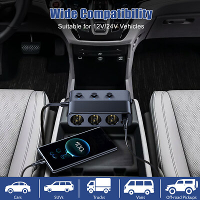 3 Way Car Cigarette Lighter Socket Splitter USB Fast Charger Power Adapter 12V