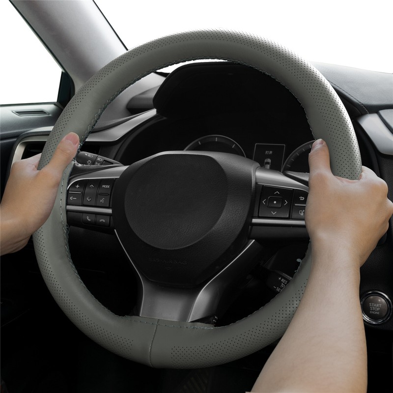 15'' Grey Genuine Leather DIY Car Steering Wheel Cover Breathable Anti-slip &