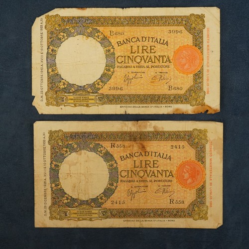Pair of 1933 Bank of Italy 50 Lire Banknotes - Free Shipping USA