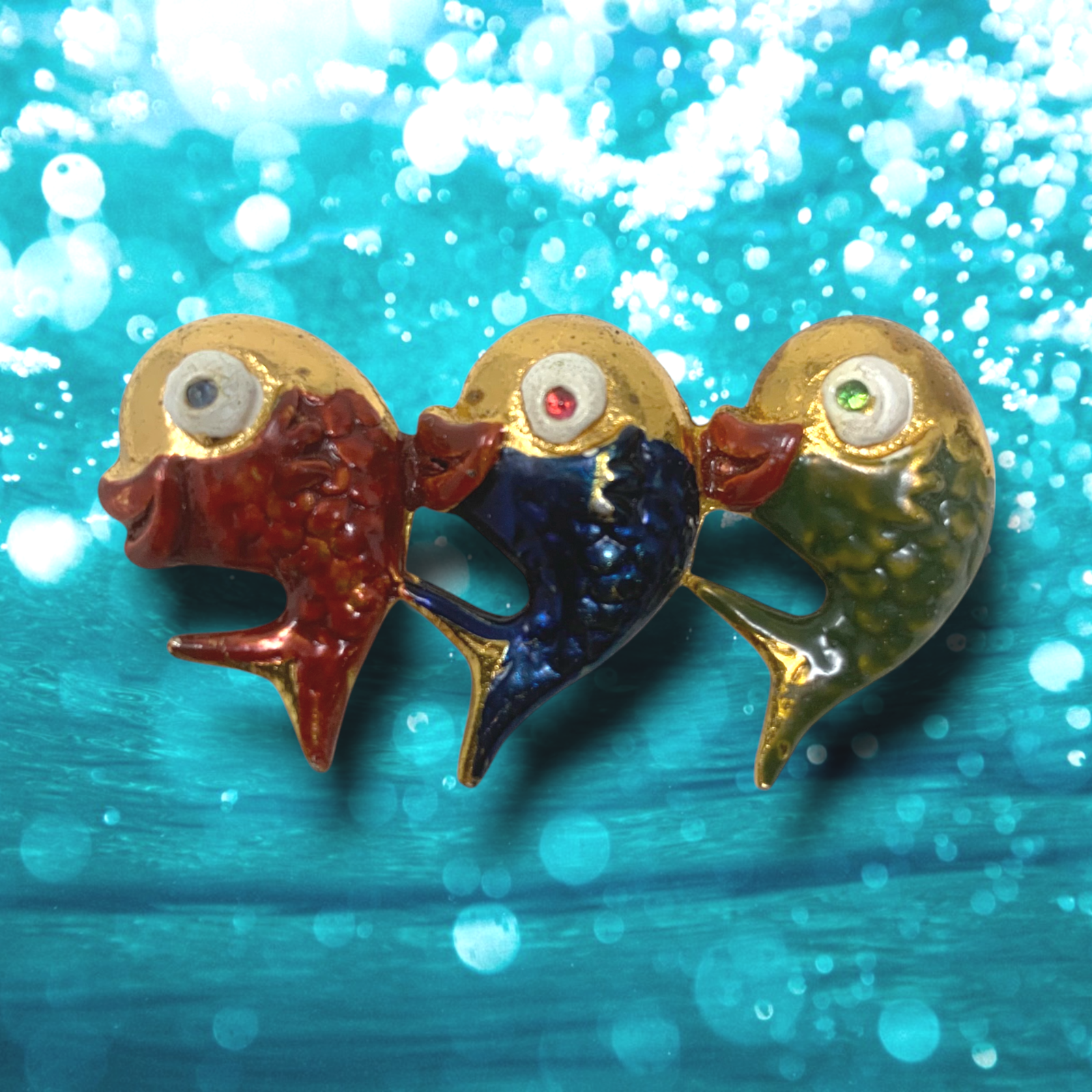 Vtg 1960's Enamel Fish Trio Brooch Pin Gold Tone Mid Century MCM Red Blue Green