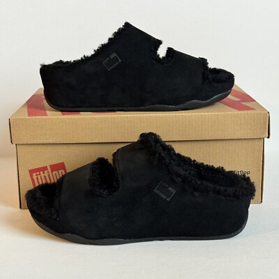 FitFlop Shuv Two Bar Shearling Lined Suede Slides Women s Size 8 All Black Wedge