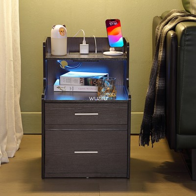 LED Nightstands Table with Charging Station Modern Bedside Table End Table Desk