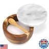 HESHIBI Wooden Salt Cellar Box with Marble Lid and Spoon, Modern White Stone Salt or Pepper Sugar Spice Seasoning Bowl Container Jar Holder Well Keeper Dish Pig Crock for Kitchen