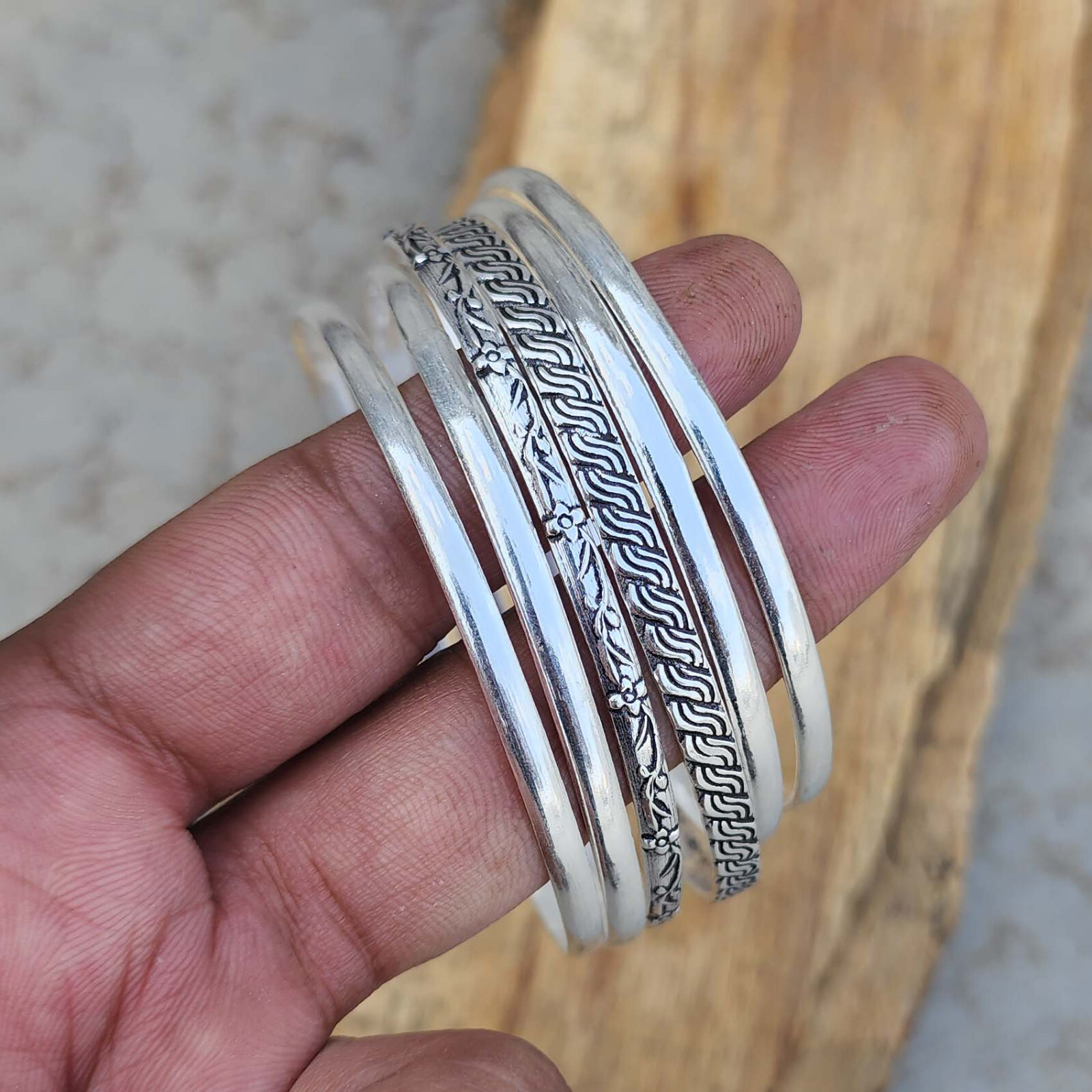 Unique Set Of 6 Silver Sterling Handmade Bangle With 925