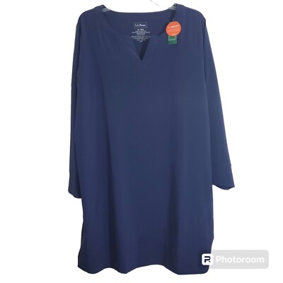 L.L.Bean Swim Cover-Up Split Neck Tunic Navy Blue Stretch UPF 50+ NWT Size XL