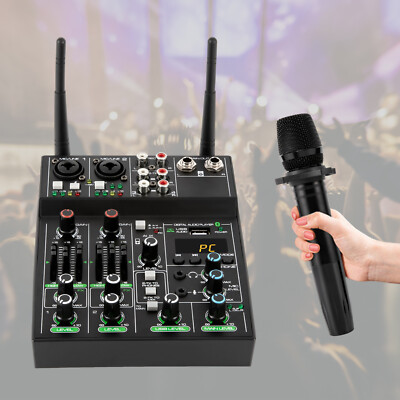 Professional Audio Mixer,4Channel Sound Mixer W/Dual Wireless Mic DJ Live Studio