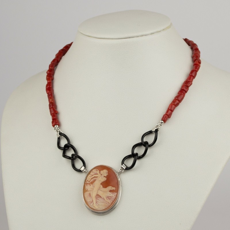 Collier En Argent 925 Avec Corail Rouge CamÃ©E En Cornaline Et Onyx - Agln 0219