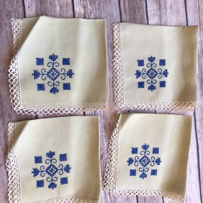 Vintage Hand Embroidered In Blue Pale Green Linen Luncheon Napkins Lot Set 4