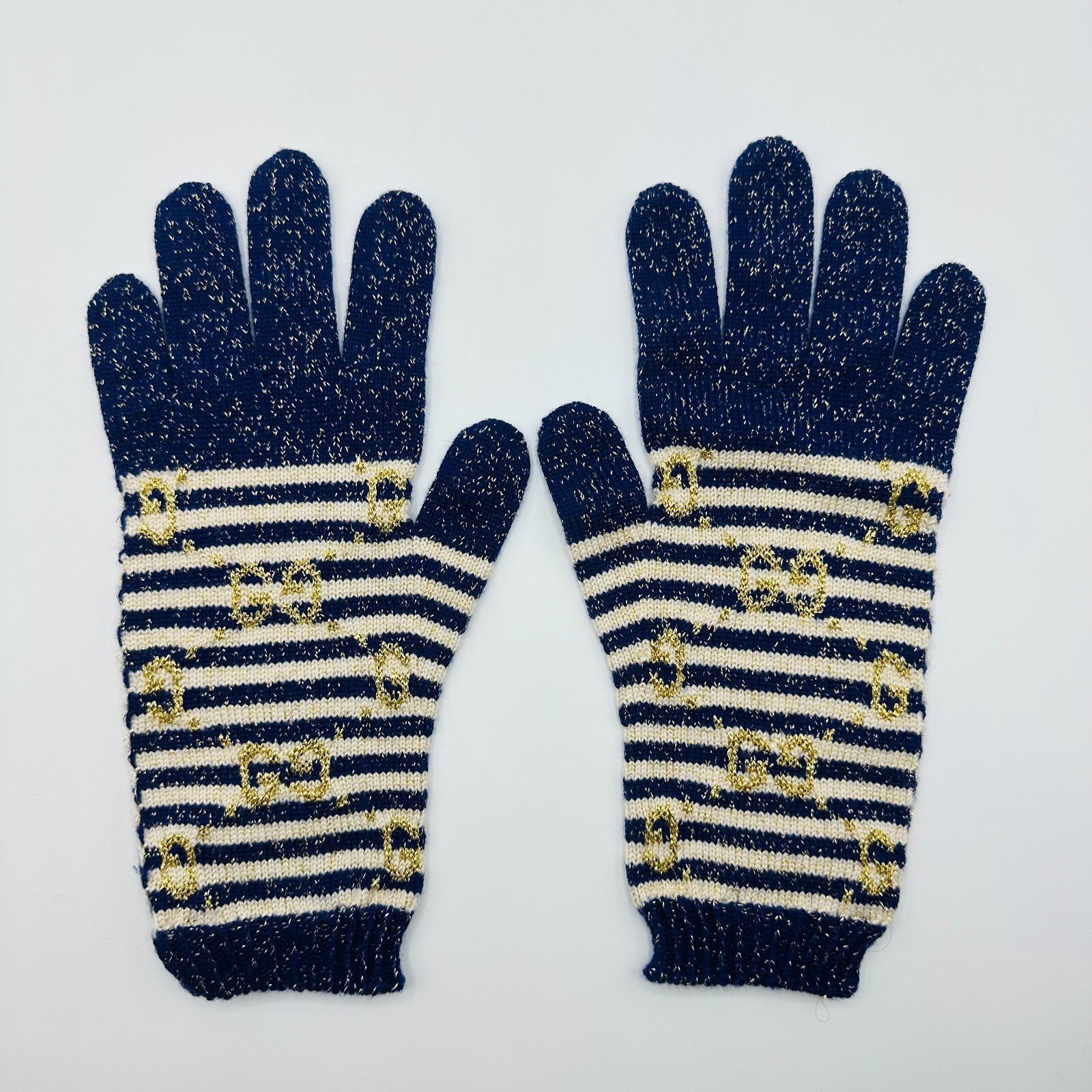 Gucci Women's Blue/Beige Striped Knit Gloves with Gold GG