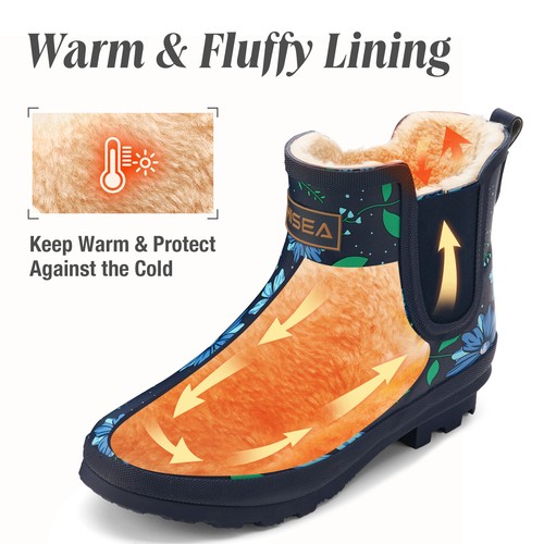 HISEA Women's Rubber Rain Boots Fur Lined Waterproof Chelsea Boots Ankle Wellies