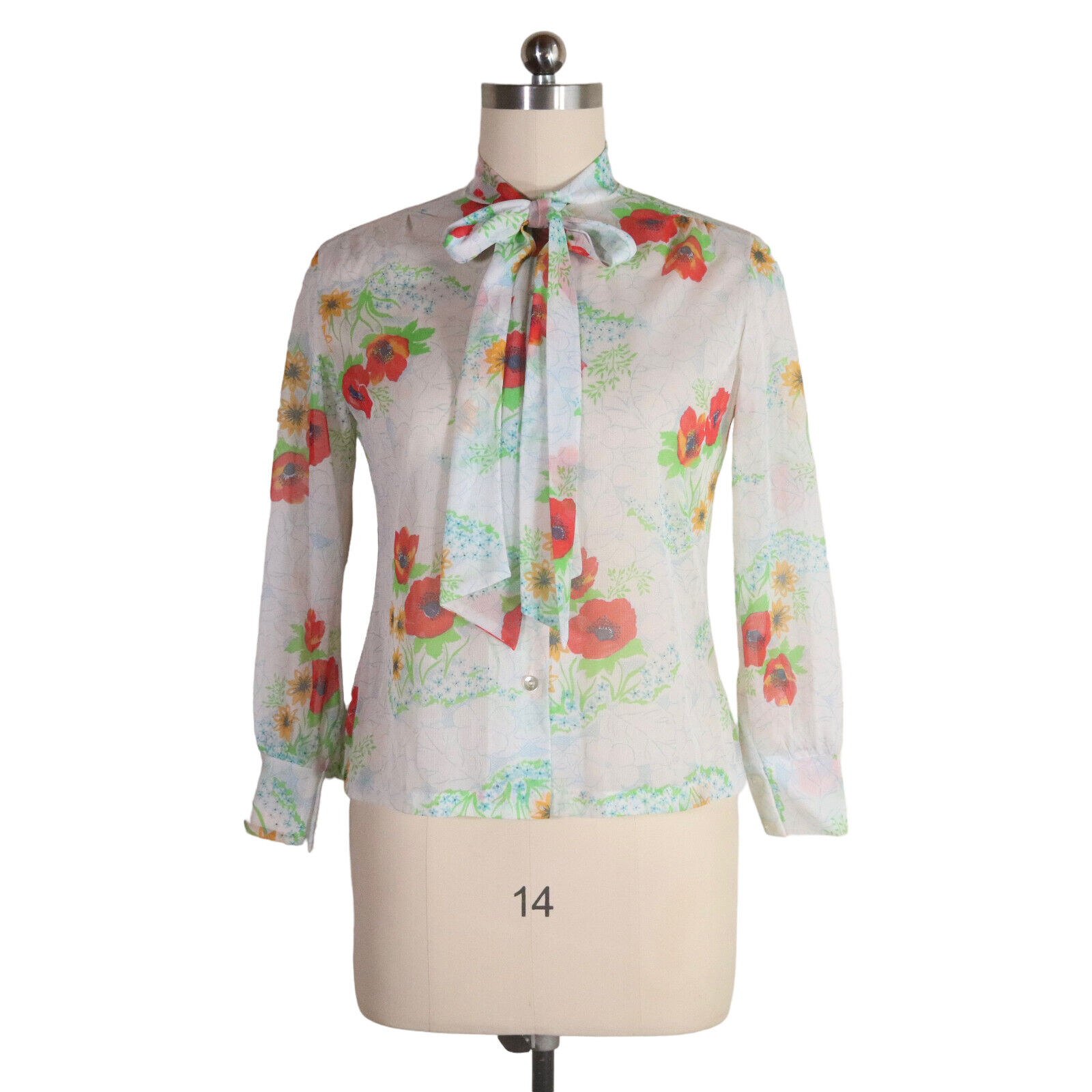 true vintage 60s poppy floral sheer tie neck blouse L top true vintage 60s poppy floral sheer tie neck blouse L top