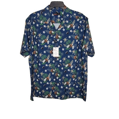 Quieti Performance Mens Short Sleeve Blue Shirt SZ XL Non Iron Tropical Print