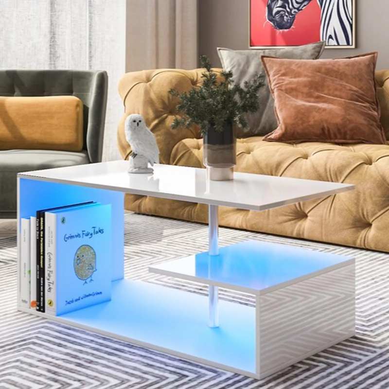 High Gloss Coffee Table Modern LED Lights Living Room Storage Center Cocktail