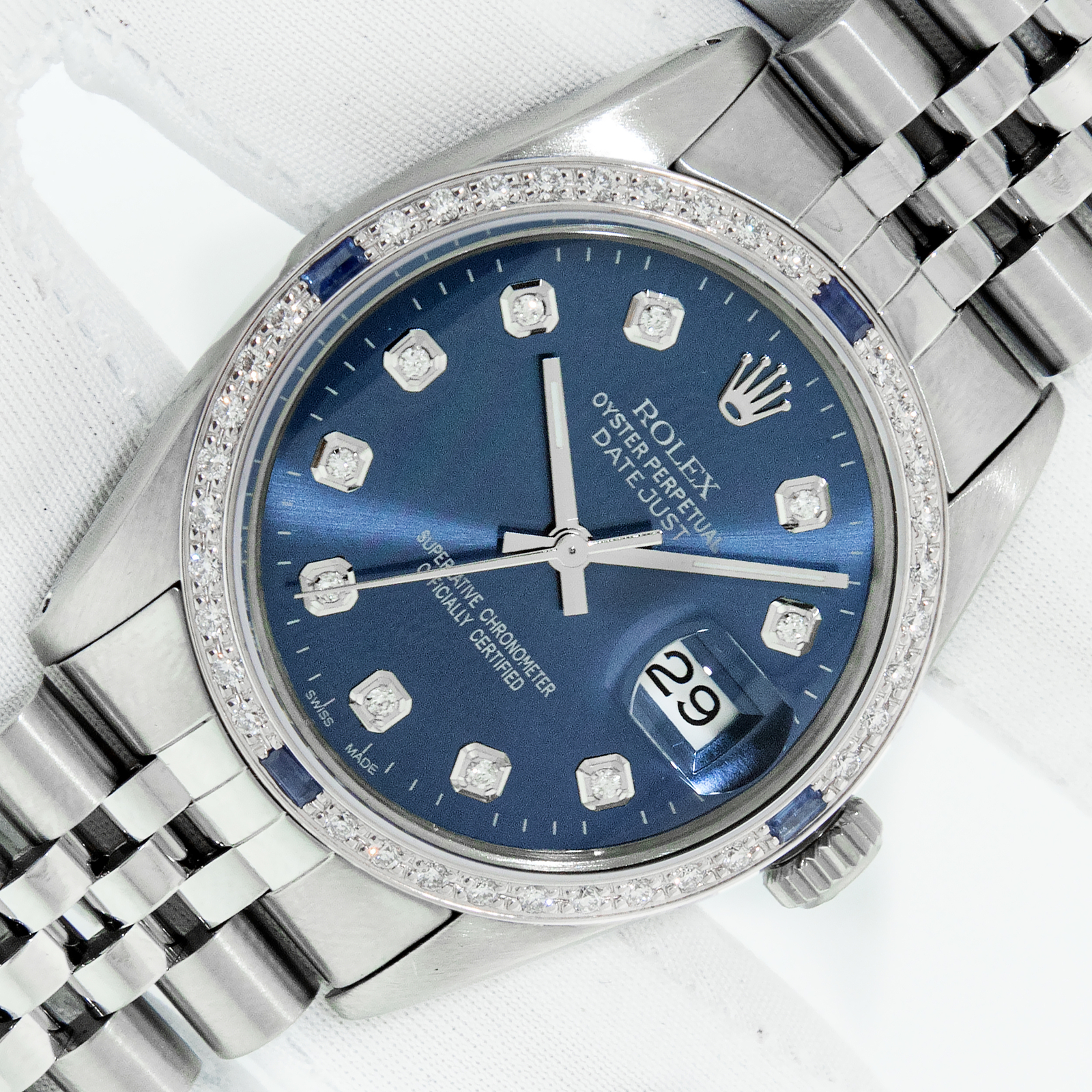 Rolex Mens Datejust Steel - White Gold with Blue Diamond Dial and Sapphire Bezel