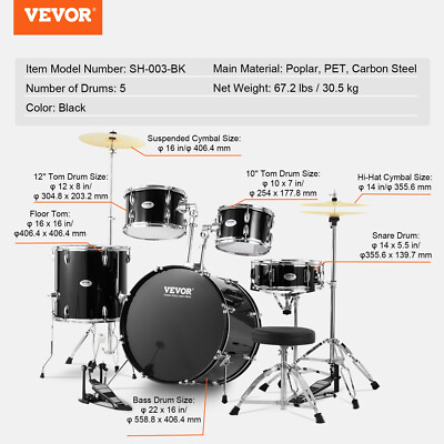 VEVOR Adult Drum Set 5-Piece 22 in Complete Full Size Drum Kit with Throne Stand