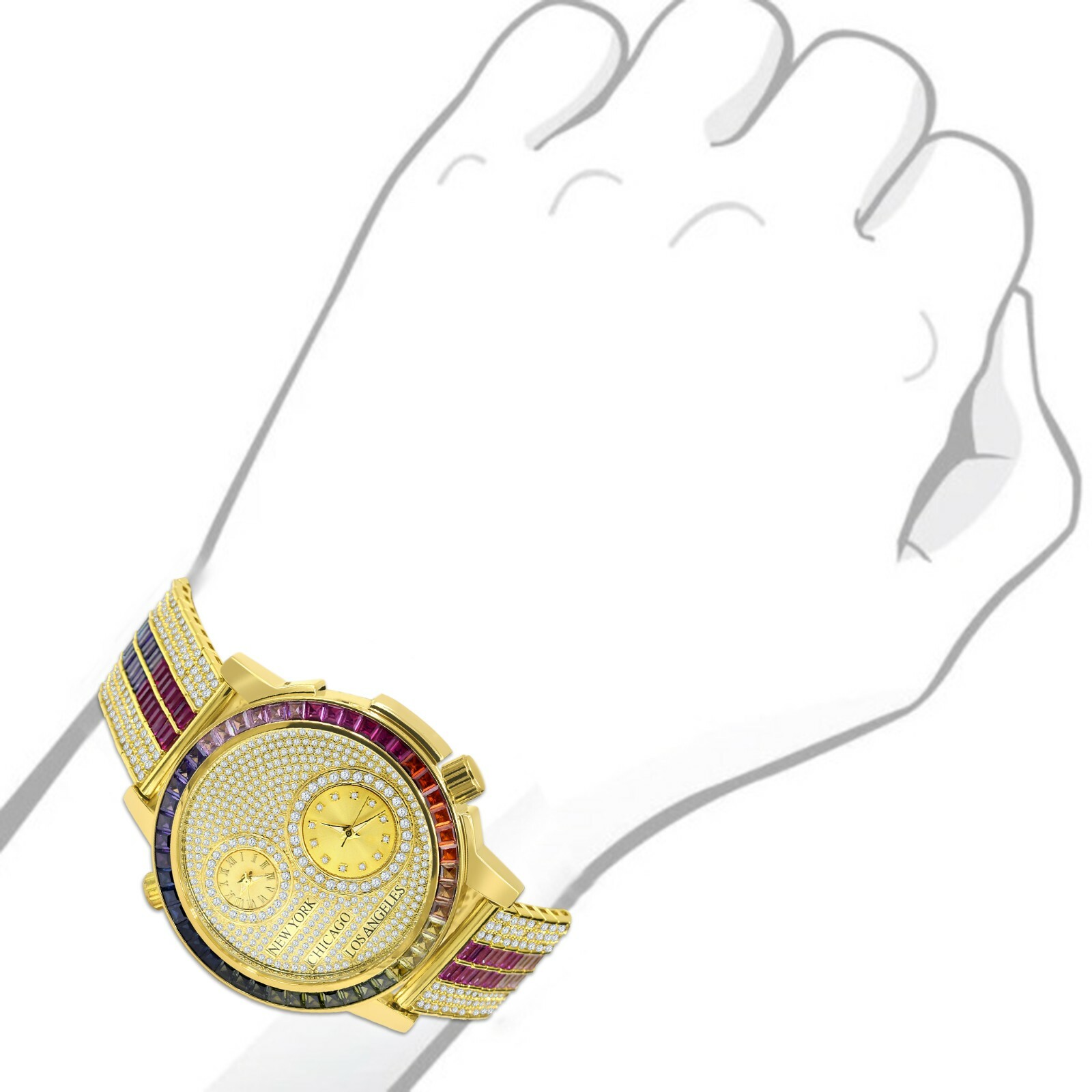 Pre-owned Ice Master Genuine Diamond Gold Tone 2 Time Zone Chronograph Baguette Rainbow Dial Watch