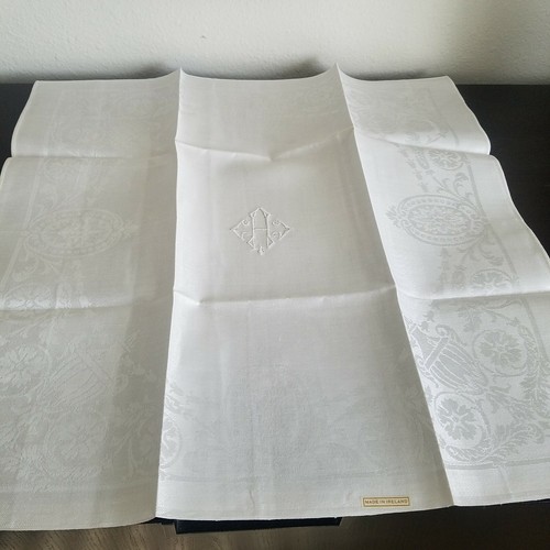 8 Vintage Irish Linen Damask Napkins Monogram H Unused