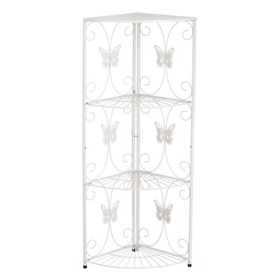 White 4-Tier Butterfly Scroll Metal Corner Shelf