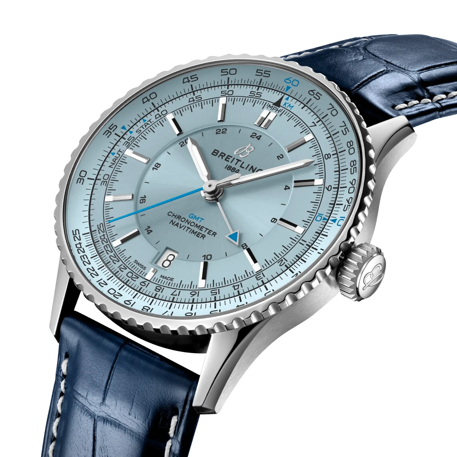 Pre-owned Breitling Navitimer Automatic Gmt 41mm Ice Blue Dial Blue Strap A32310171c1p1