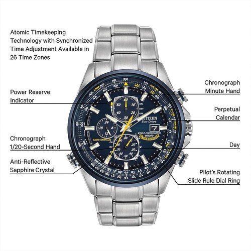 Pre-owned Citizen Eco Drive Blue Angels World Chronograph A-t Men's 43 Mm Watch At8020-54l In Silver-tone