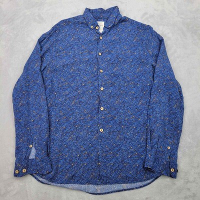 Koton Shirt Men Small Blue Viscose Floral Button Down Allover Hawaiian Adult