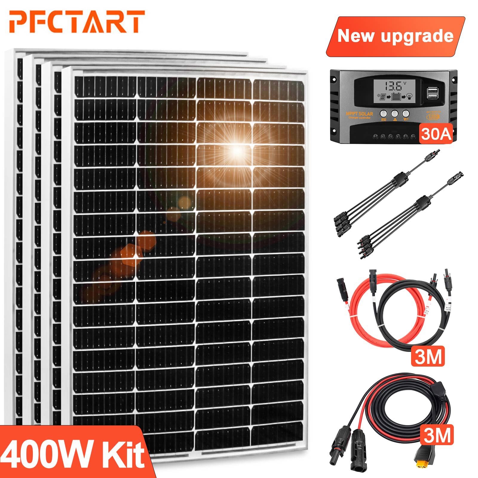 PFCTART 100W 400Watt Monocrystalline Solar Panel Kit PV Modual 12V Home RV Boat