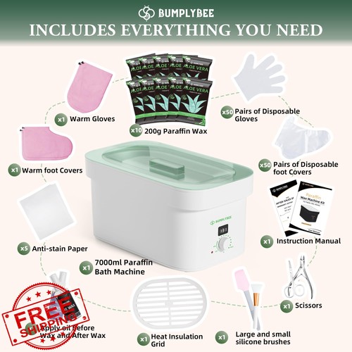 BUMPLYBEE Paraffin Wax Machine for Hands Feet 7000ml + 10 Aloe Refills