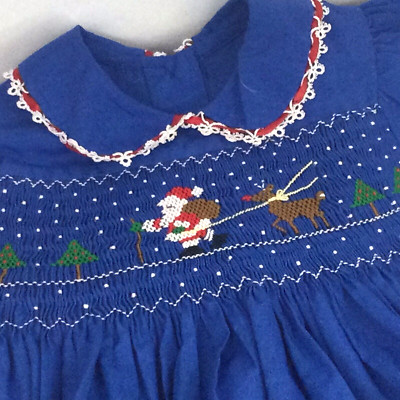 Girls 2-3T Royal Blue Smocked Embroidered Christmas Santa Reindeer Bubble Romper
