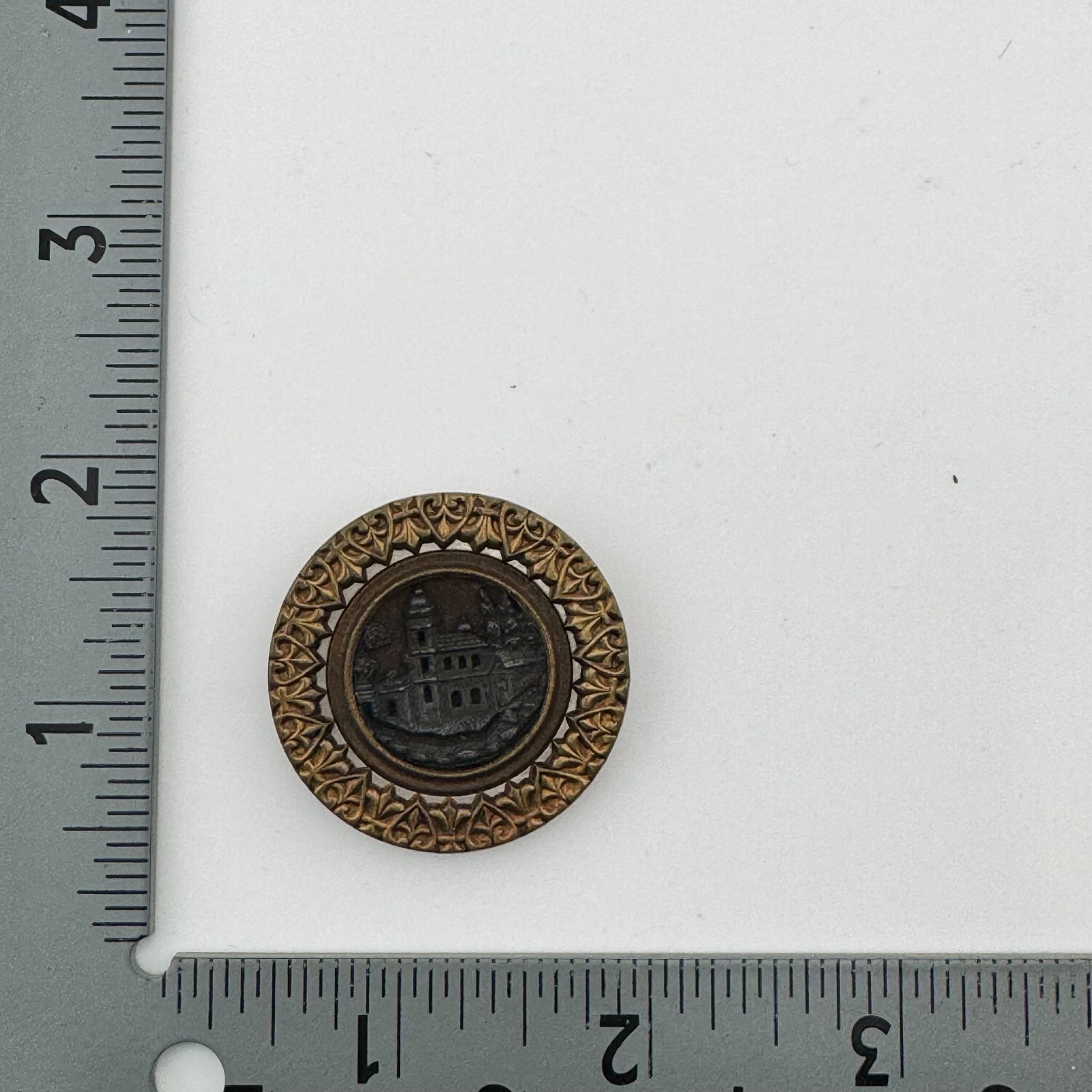 Antique Brass Picture Button Castle Scene Heart Border Shank 1.25 Inch