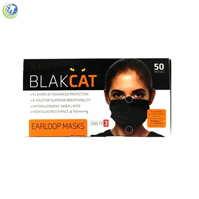 Black Disposable Face Masks Level 3 by Blak Cat 4 Layers 50/Box Medical Dental