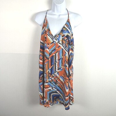 Three Eighty Two Womens Sun Dress Sz S Orange Blue White Geometric V Neck 