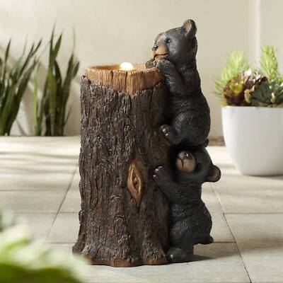 Bears on Log Rustic Lodge Bubbler Outdoor Floor Water Fountain LED Light 28 1/2''