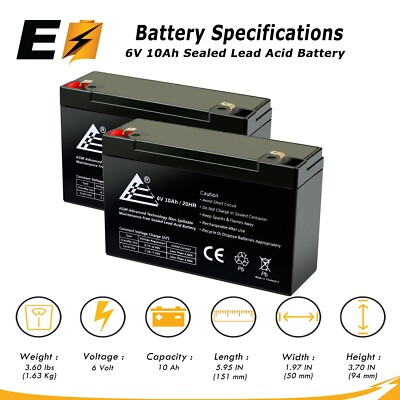 2 Pack - 6v 10ah 6 volt 10 AMP SLA AGM Battery Replaces Yuasa NP10-6 ...