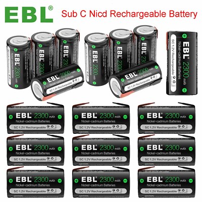 EBL Sub C NiCd Rechargeable Batteries 2300mAh for Power Tools 1.2V Flat Top Lot
