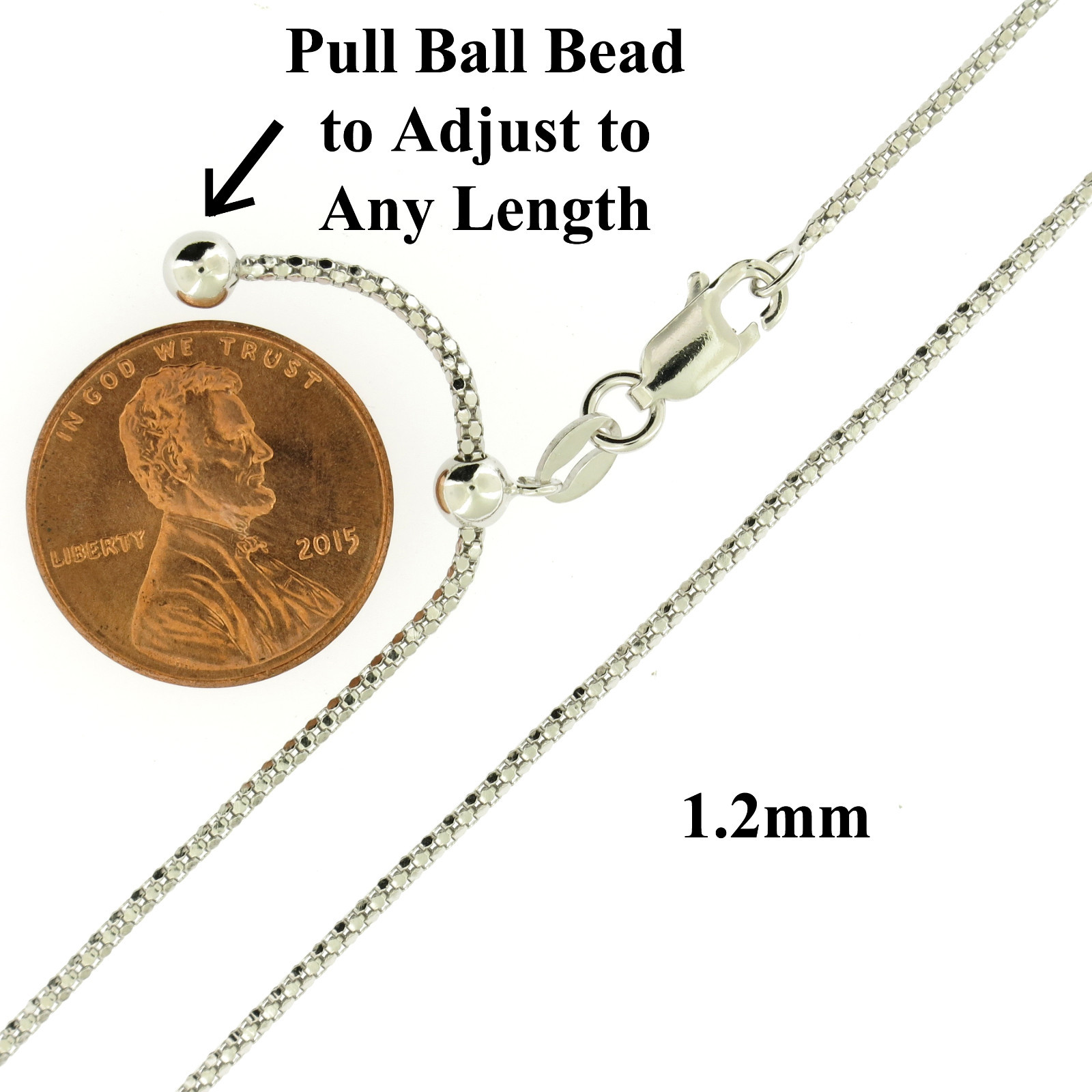 925 Sterling Silver Rhodium Finish Diamond Cut Popcorn Adjustable Slider Chain