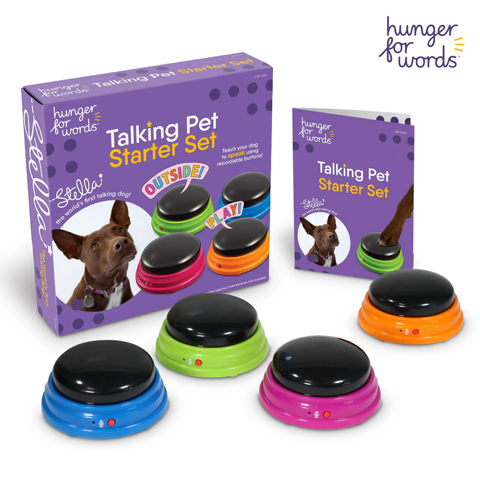 Hunger for Words Talking Pet Starter Set - 4 Recordable Buttons for Dog Communic