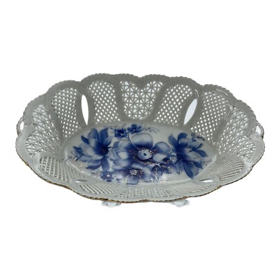 Reticulated Blue Floral Bowl Jantezi Lux Hungary Hand Crafted Gold Porcelain