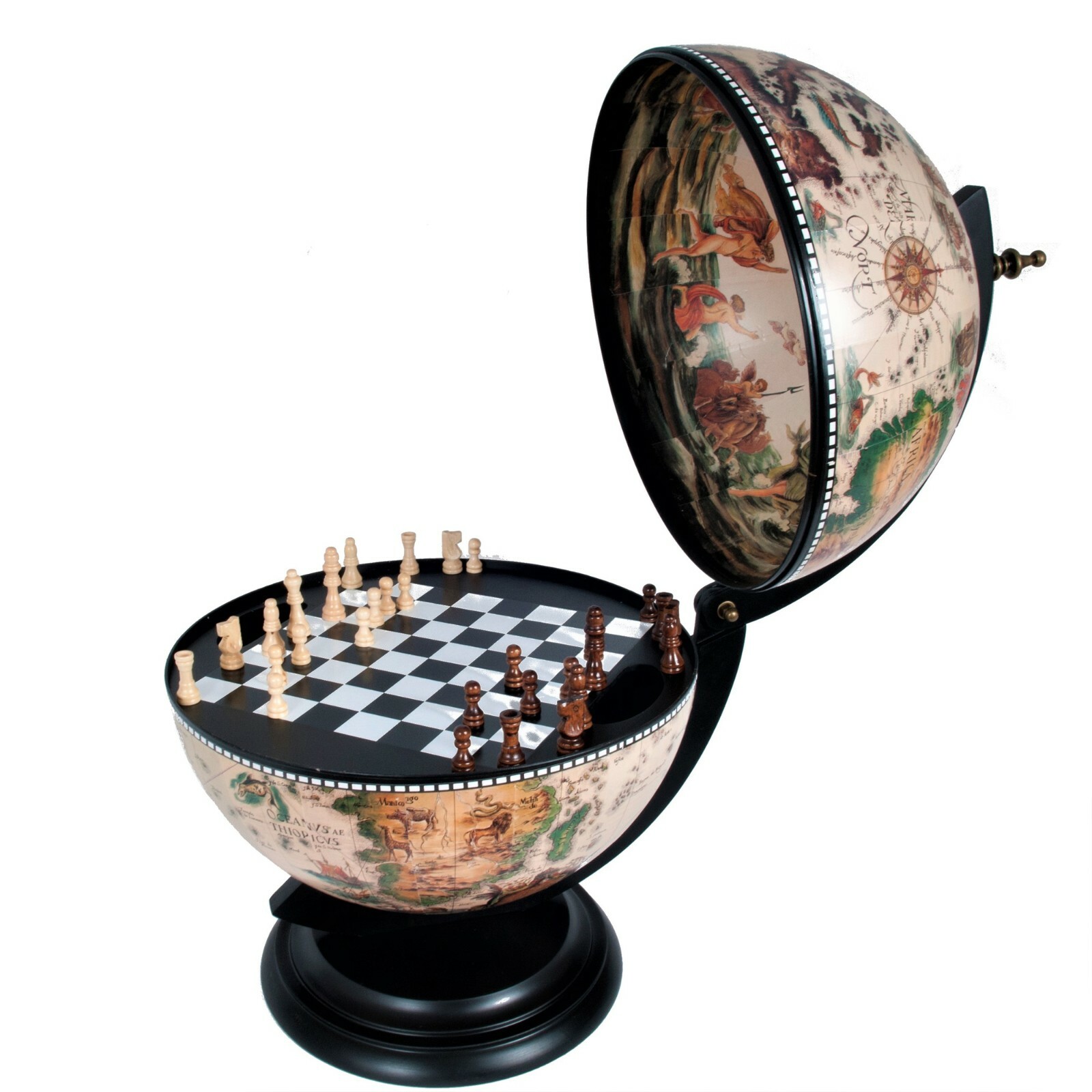 Handcrafted Tabletop Vintage Rotating World Globe Chess Game Set Home Décor