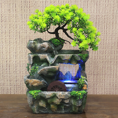 Mini Tabletop Water Fountain Rockery Waterfall w/ LED Light Table Decor Ornament